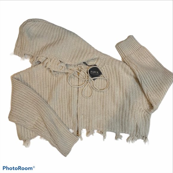 hooded zip up distressed cropped cardigan